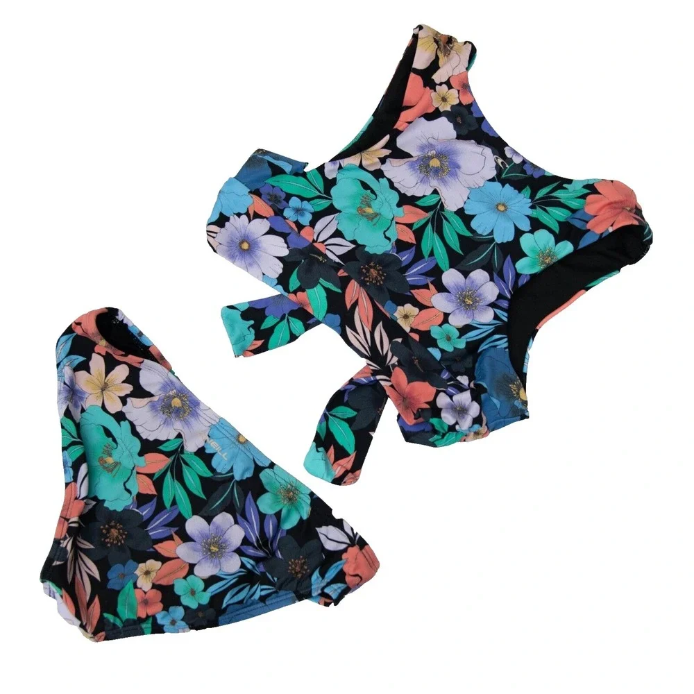 O'Neill Swimsuit Bikini Top & Bottom 2 Pieces Girls 8 Floral Tie Up Front Accent